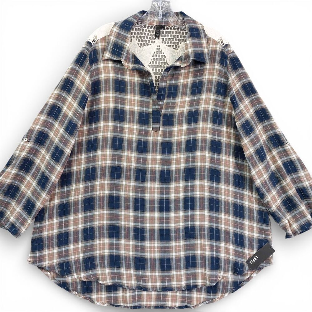 Anthropologie LAPIS Plaid Flannel Shirt Lace Back Tunic Top 2X Boho Cottagecore